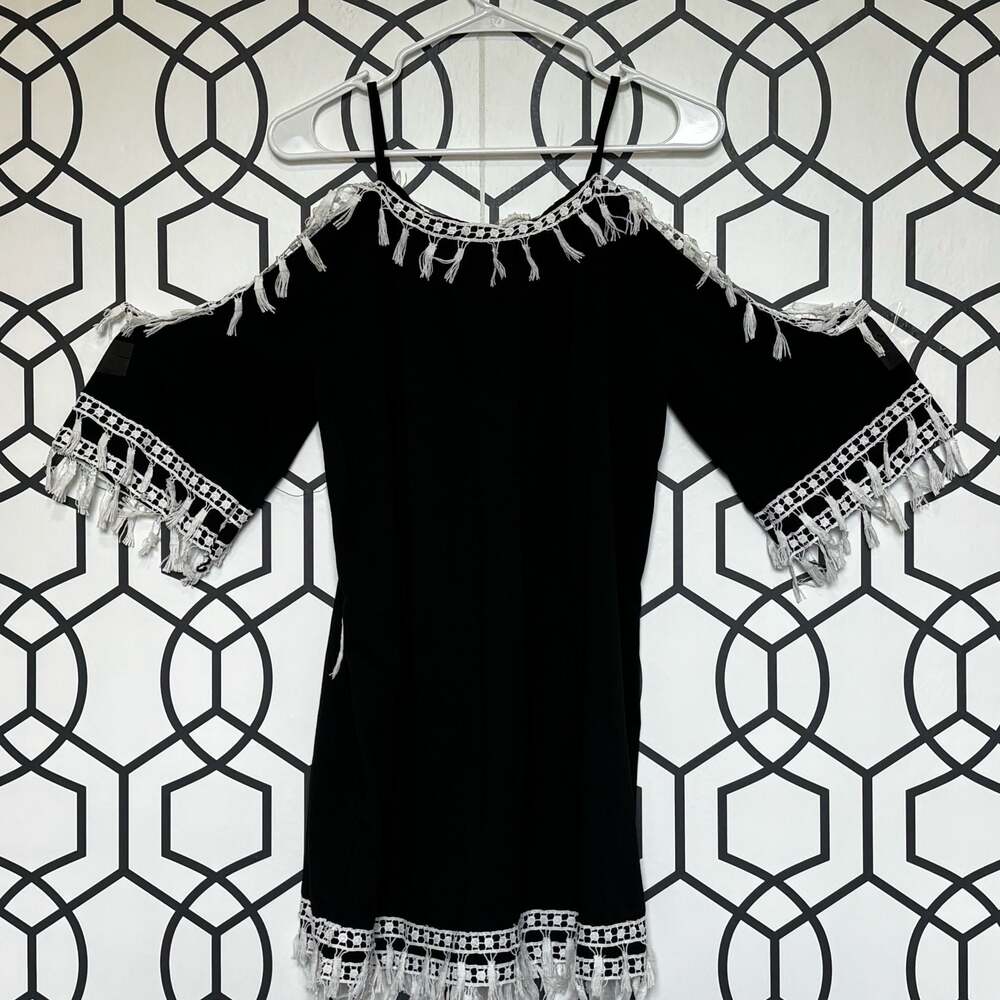 Boho Black Cold Shoulder Tassel Trim Dress Size Large